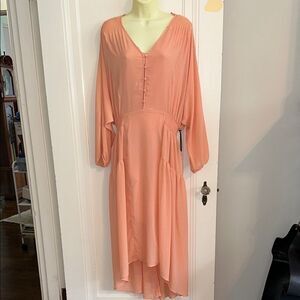 NWOT Prologue Peach Hi-Lo dress with‎ smocked waistband & button front